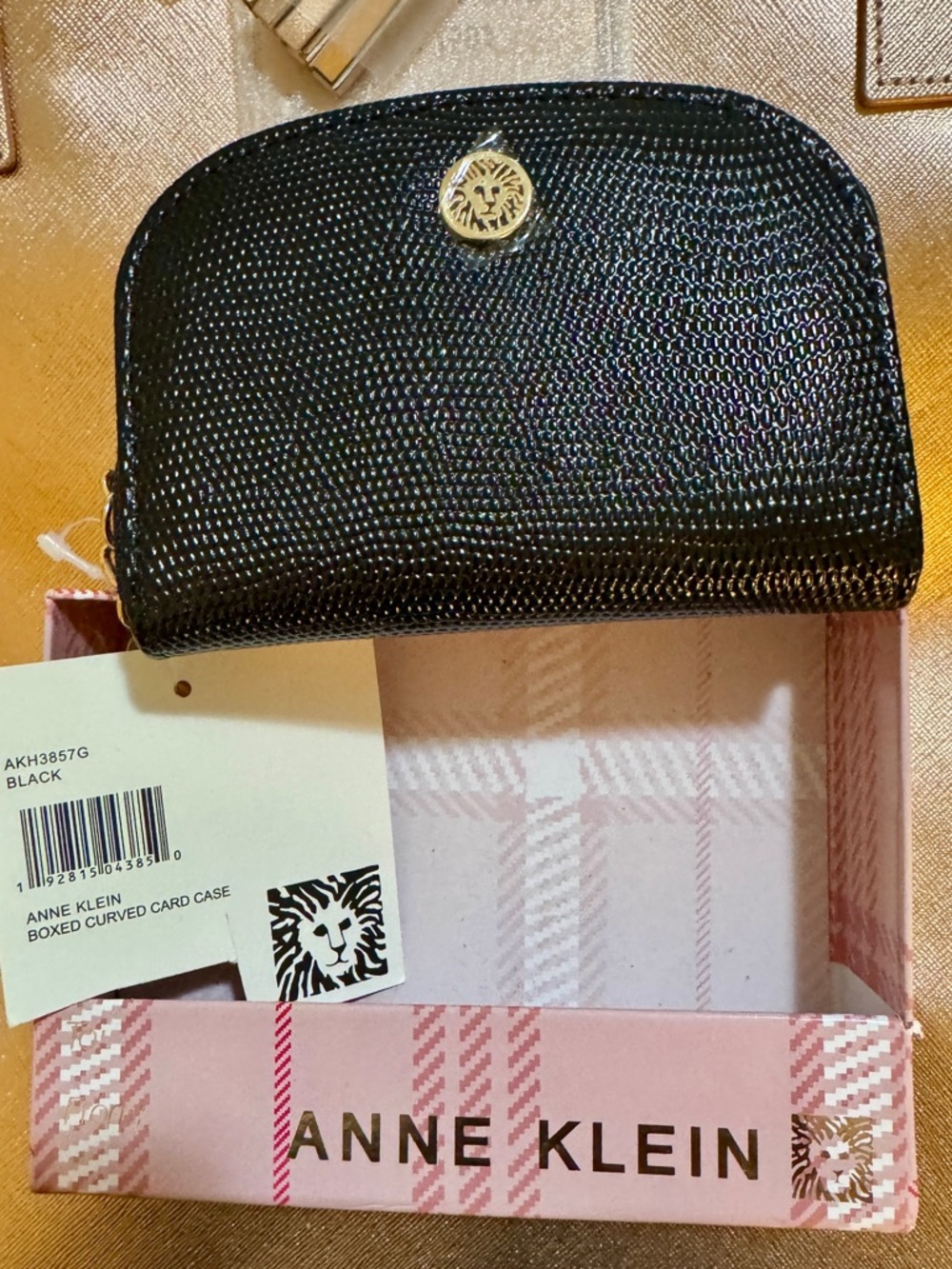 New! Authentic. Anne Klein Black Textured Credit Card Case with Gold Logo